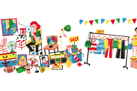 Illustration eines lebhaften Flohmarkts mit bunten Gegenständen und Kleidung.