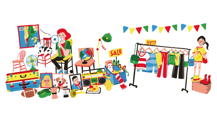 Illustration eines lebhaften Flohmarkts mit bunten Gegenständen und Kleidung.